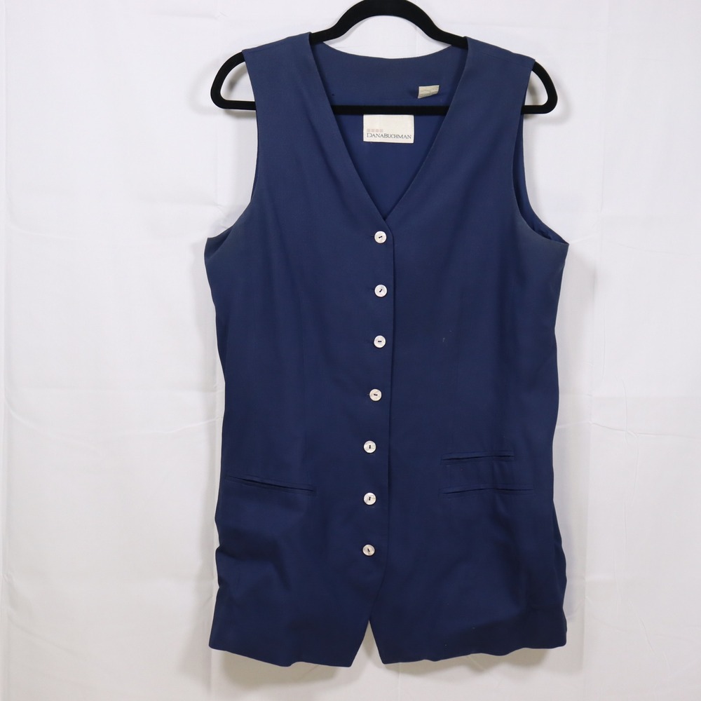 Dana Buchman Silk Vest Vintage 14 Blue Womens Longline Button Front Career